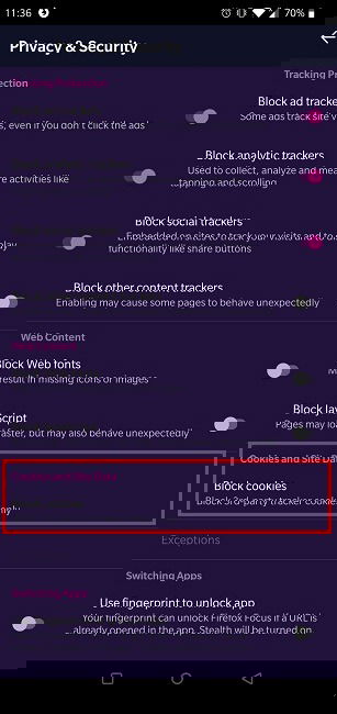 Выбор блокировки cookie в Firefox Focus