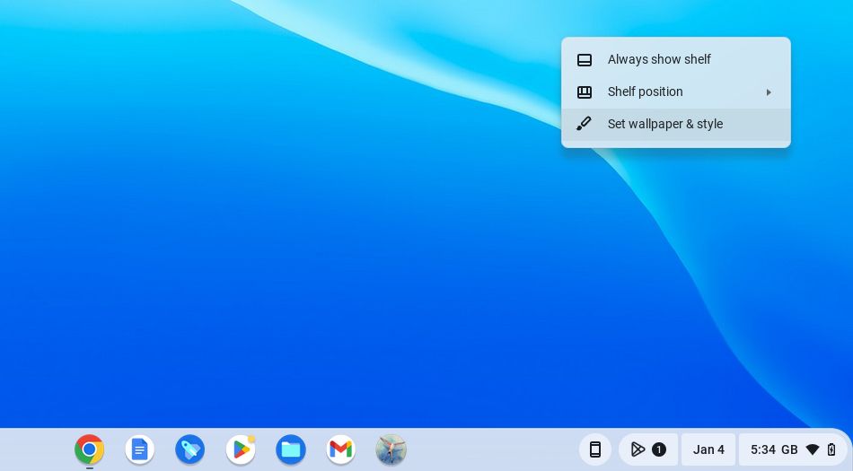 Контекстное меню рабочего стола ChromeOS с пунктом 'Set wallpaper & style'