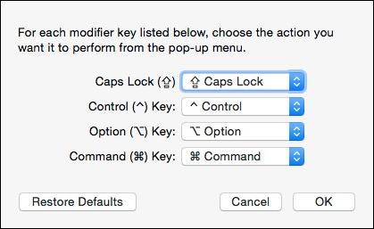 Список модификаторов: Caps Lock, Control, Option, Command