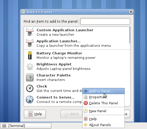 Контекстное меню панели MATE для добавления апплетов и настройки