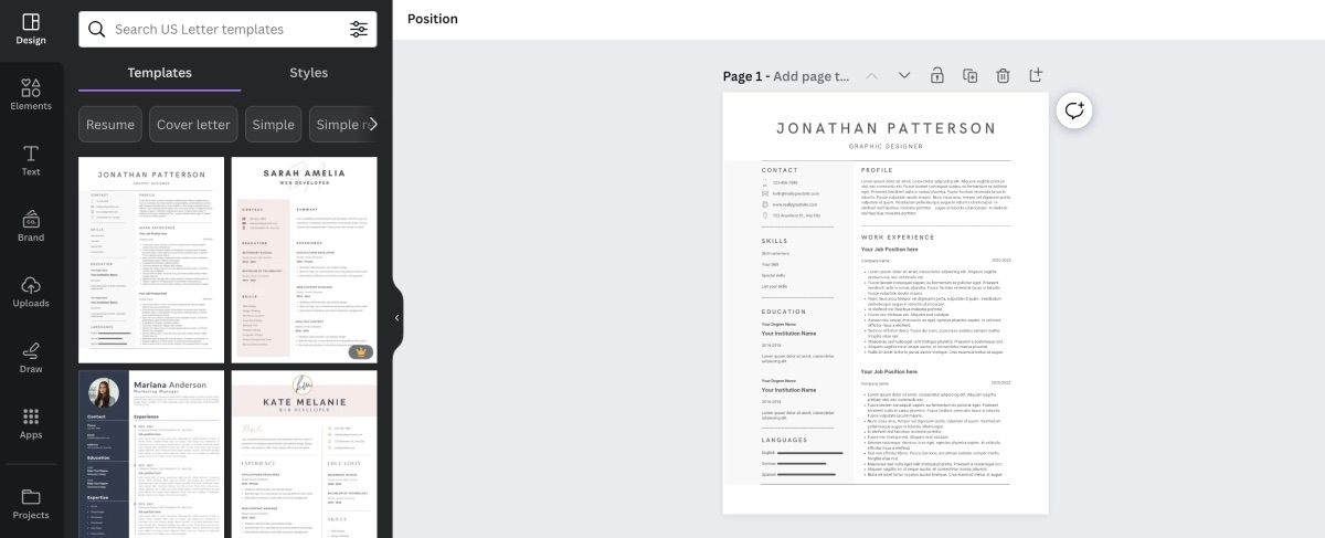Canva resume template on the editor page