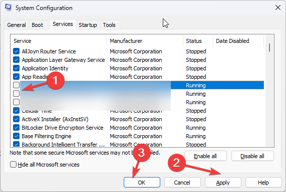 Список служб в msconfig с выделенными элементами AMD