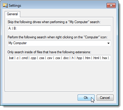 Настройки программы с полем для расширений файлов