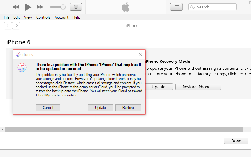 Окно с предложением Восстановить или Обновить в iTunes при подключении iPhone в Recovery Mode.