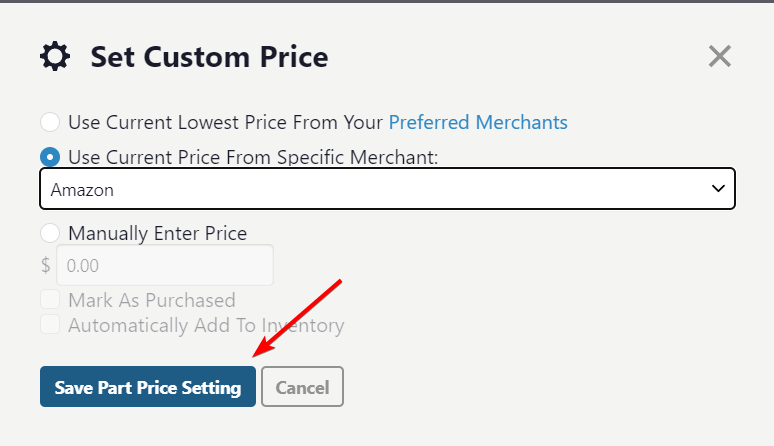 Кнопка Save Part Price для сохранения настроек цены по продавцу