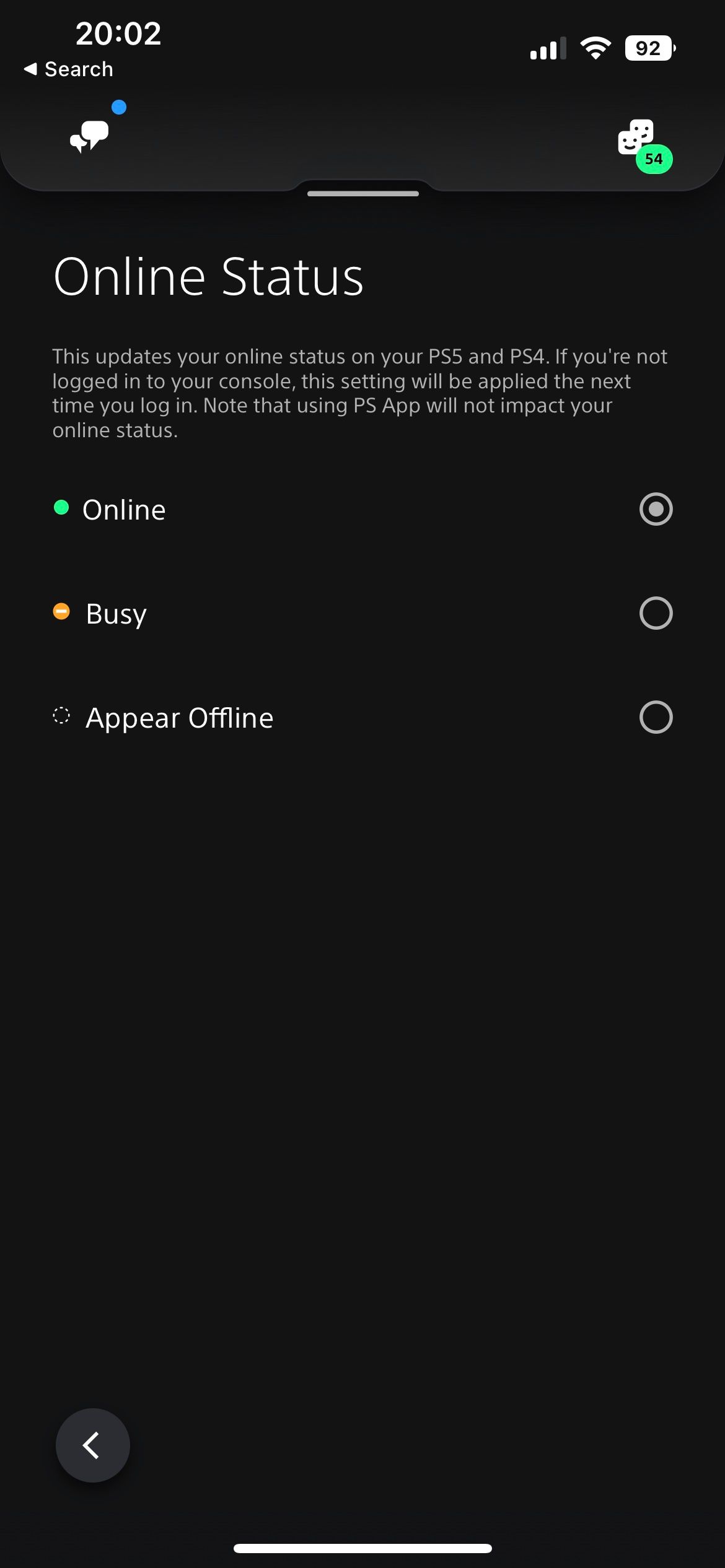 Выбор «Показывать как офлайн» в приложении PlayStation