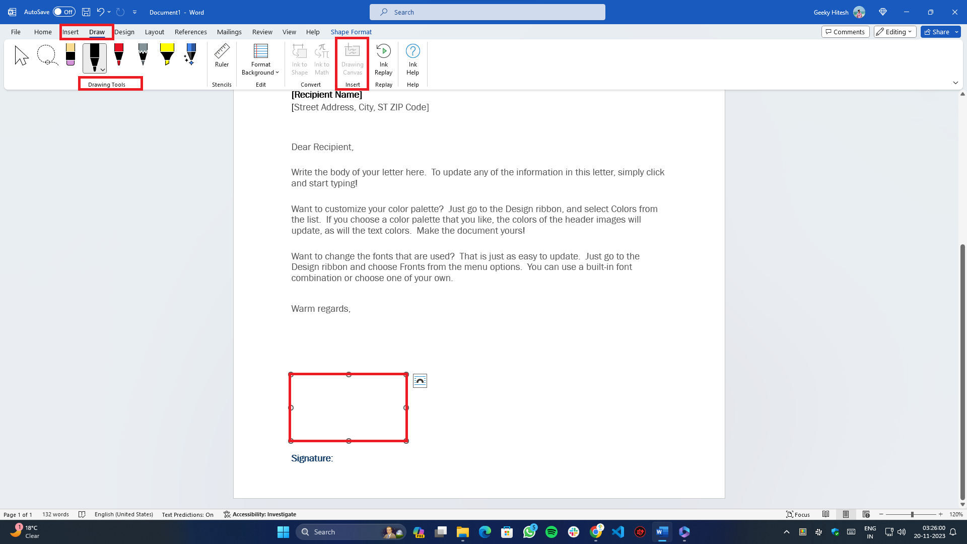 Добавление рукописной подписи в Word с помощью инструментов рисования