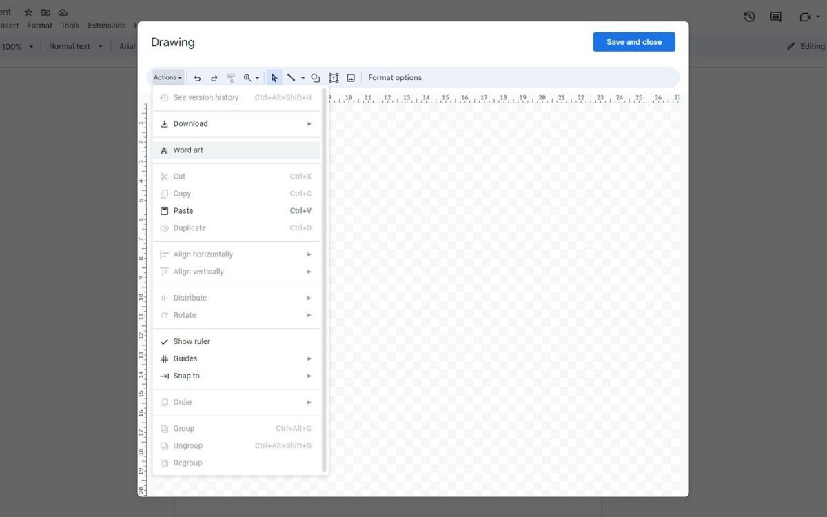 Скриншот холста Рисунок: курсор наведен на пункт Word Art в меню Действия