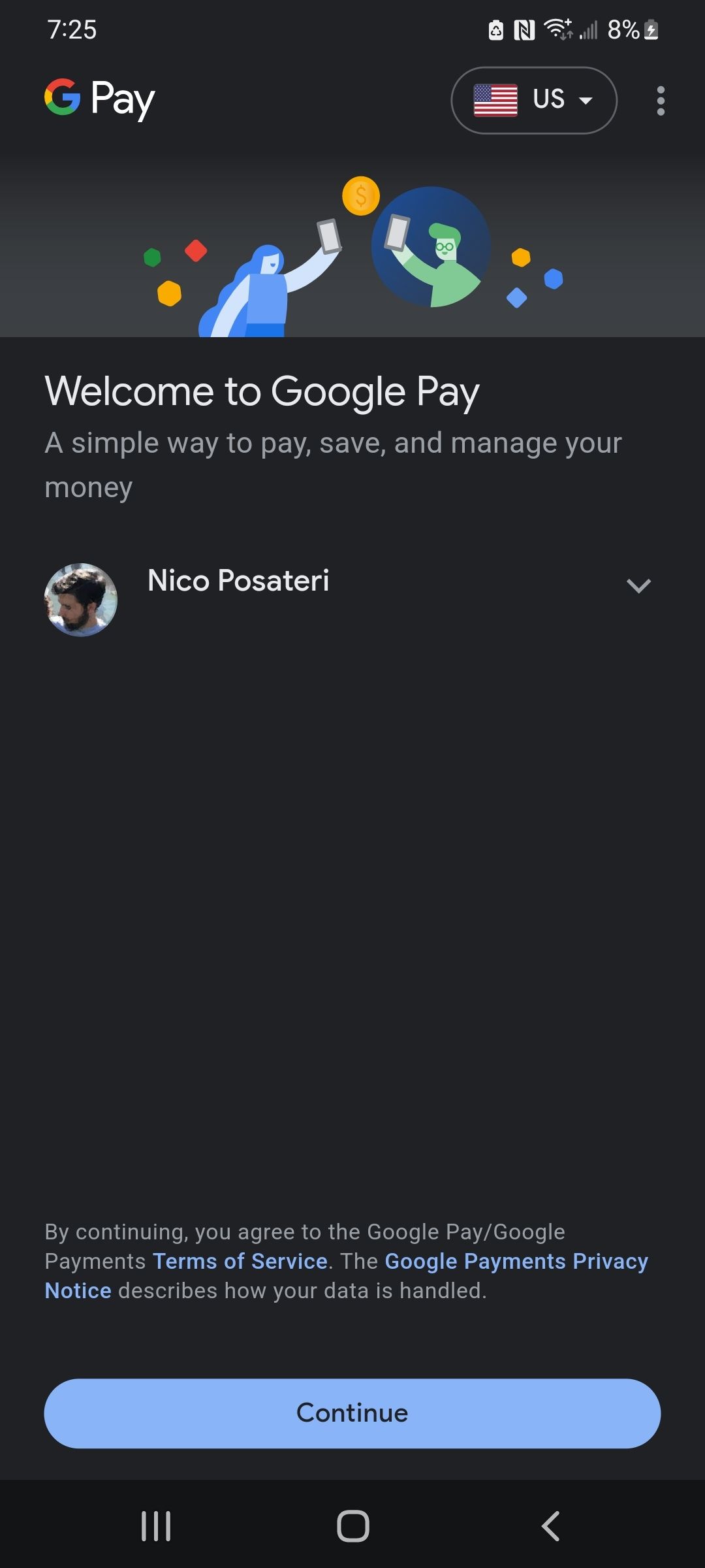 Вход в аккаунт Google в Google Pay.