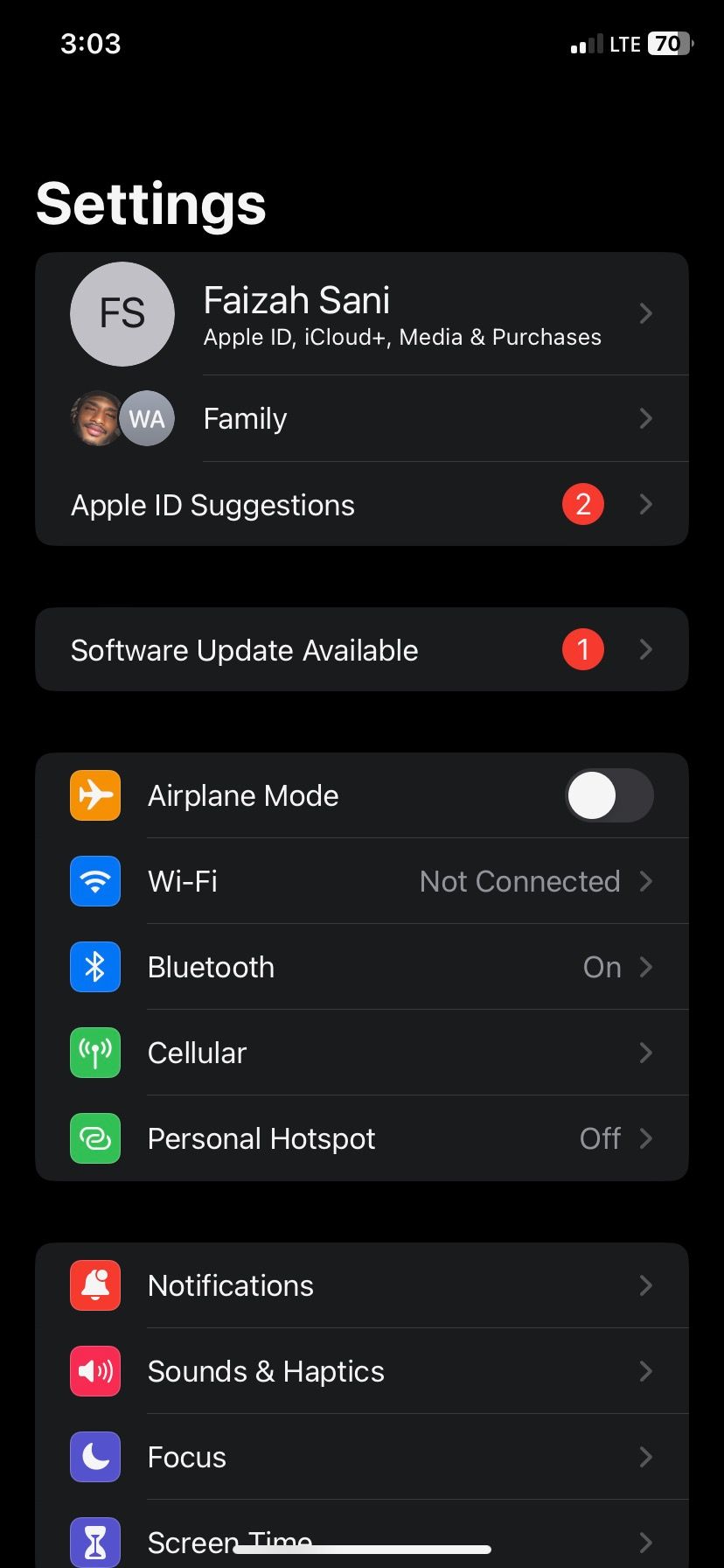 Главное меню Настроек iOS