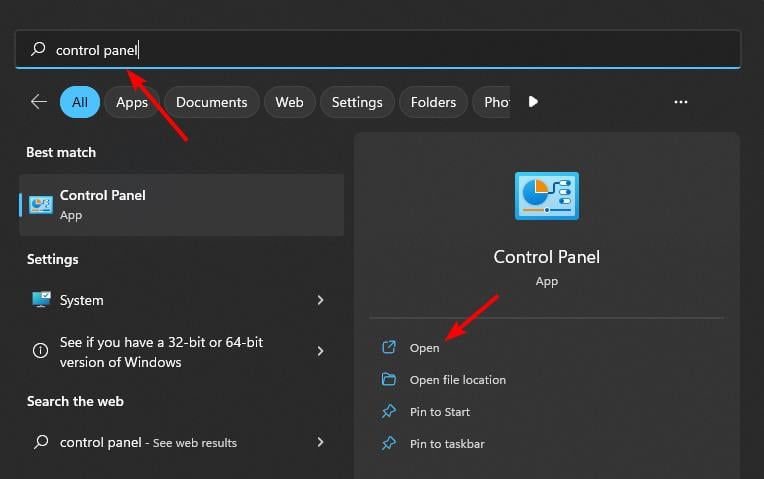 Поиск Панели управления в Windows 11