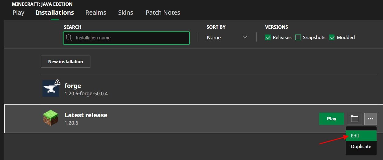 Опция Edit рядом с записью установки Minecraft.