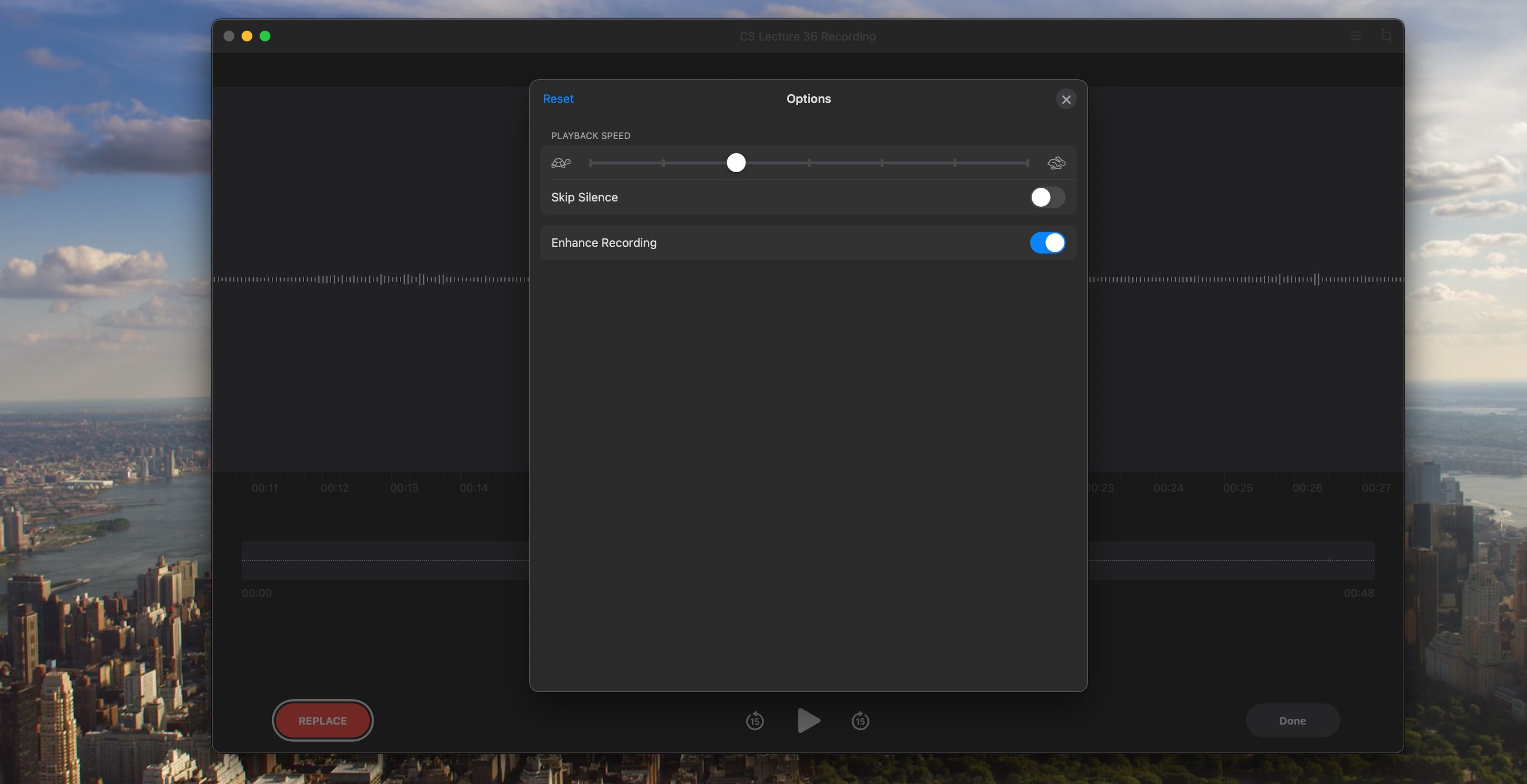 macOS Voice Memos app with toggles for skip silence and enhance recording available