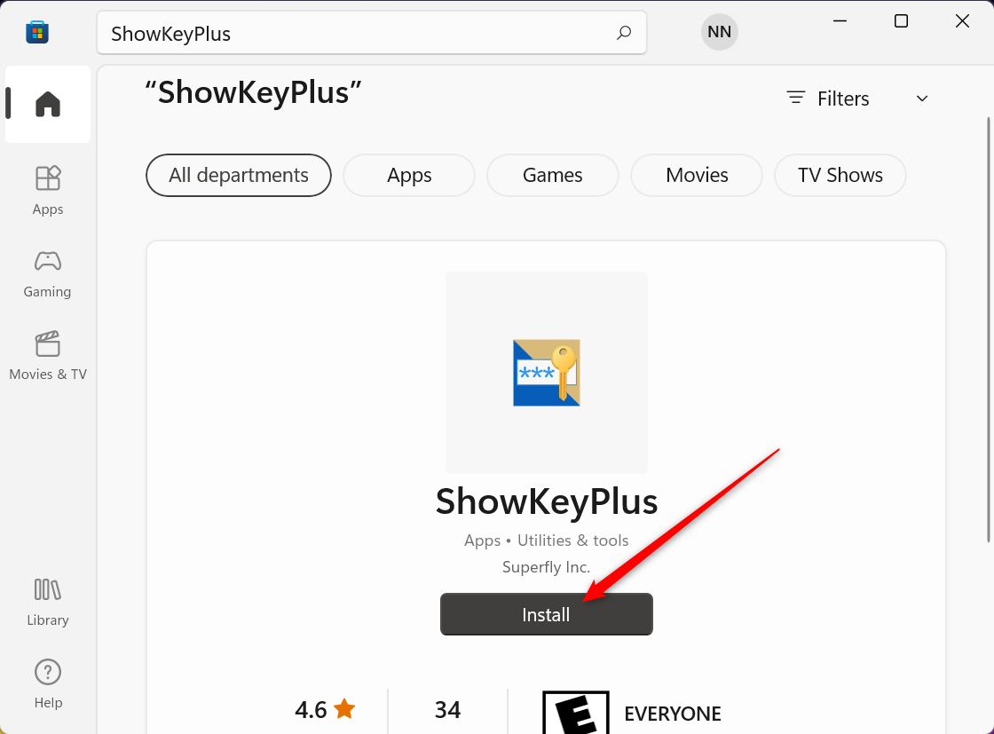 Кнопка установки приложения ShowKeyPlus в Microsoft Store.