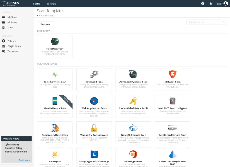 Выбор шаблона сканирования Basic Network Scan