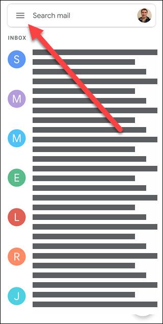 Gmail App with arrow pointing to hamburger menu