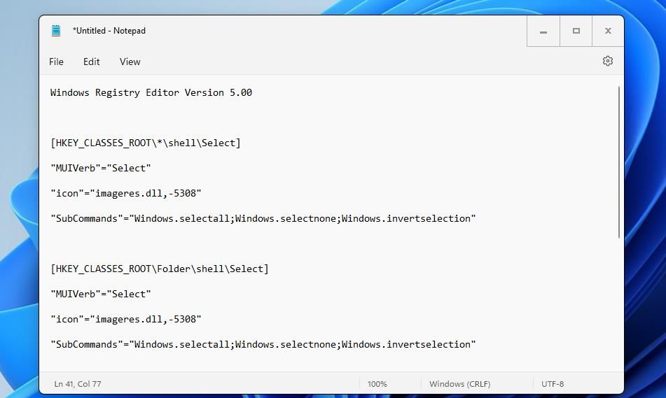 Текст скрипта реестра в Блокноте