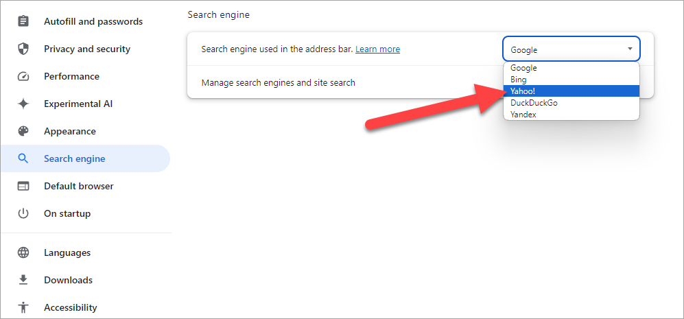 Выбор поисковой системы в настройках Chrome