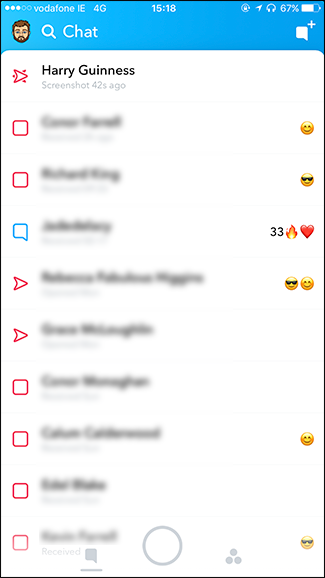 Список друзей в Snapchat с уведомлением о скриншоте
