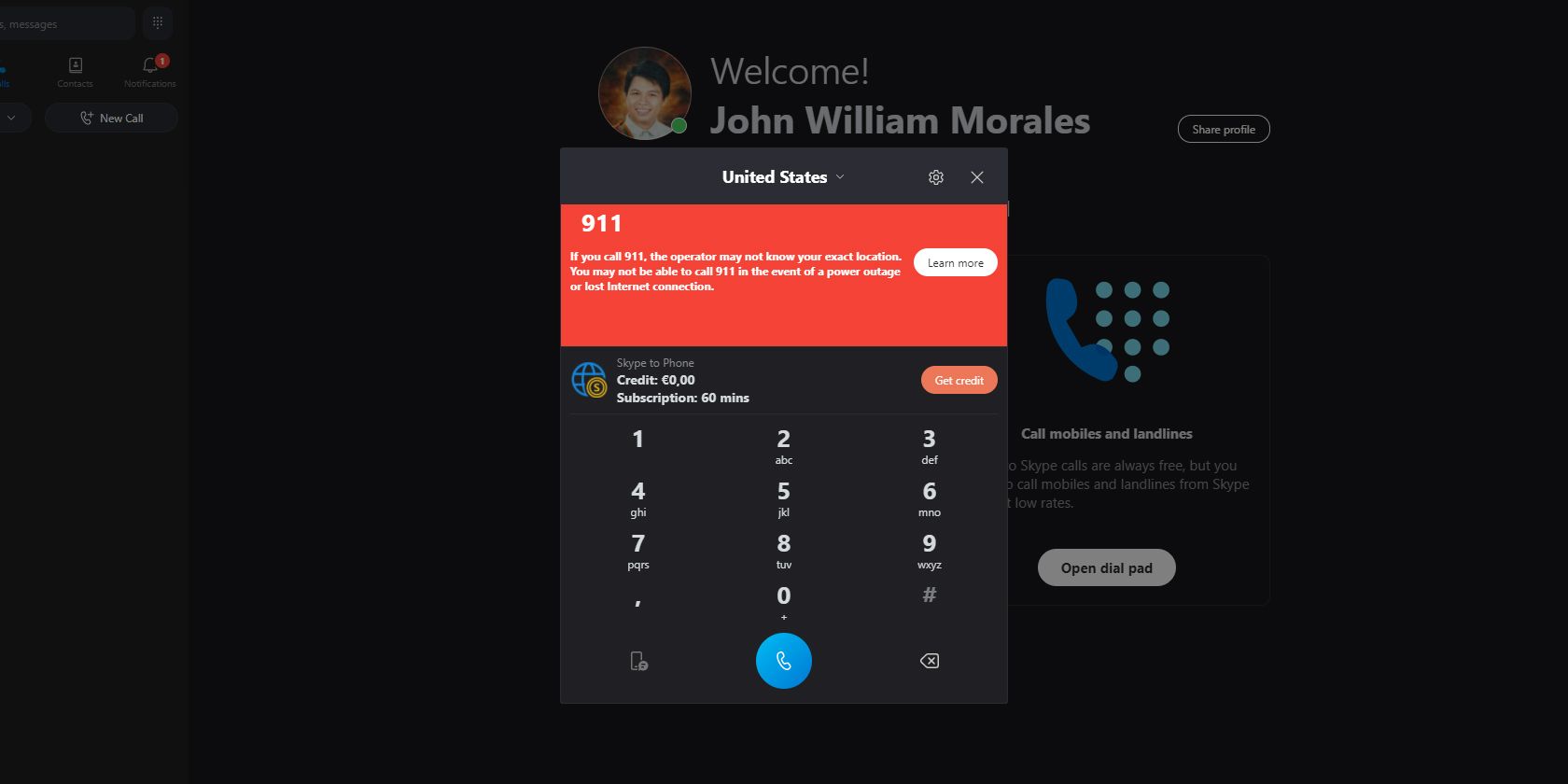 Нельзя вызвать 911 в Skype за пределами США