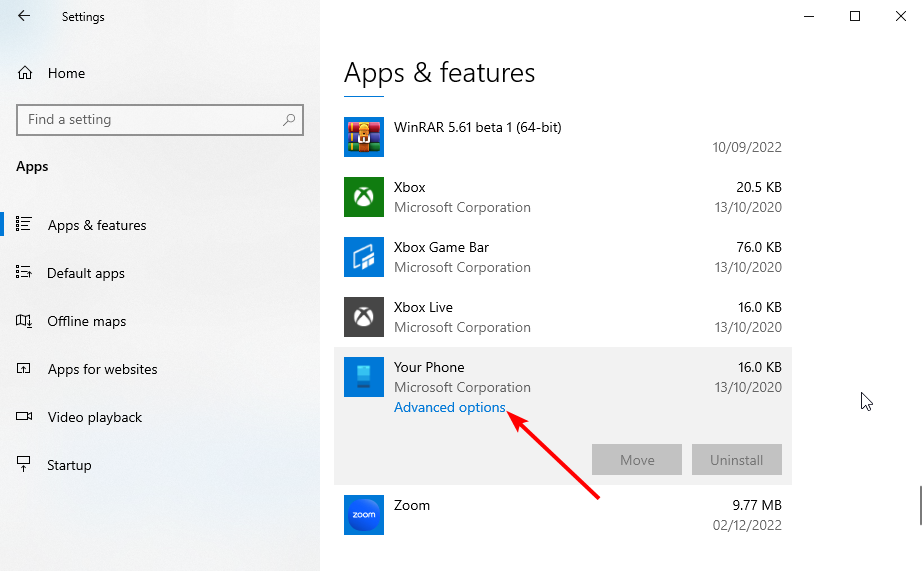 Кнопка Дополнительные параметры приложения Your Phone