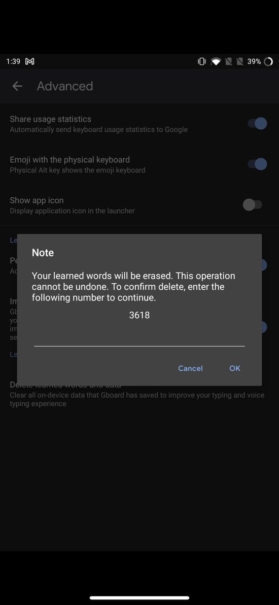 Ввод кода для подтверждения удаления данных Gboard