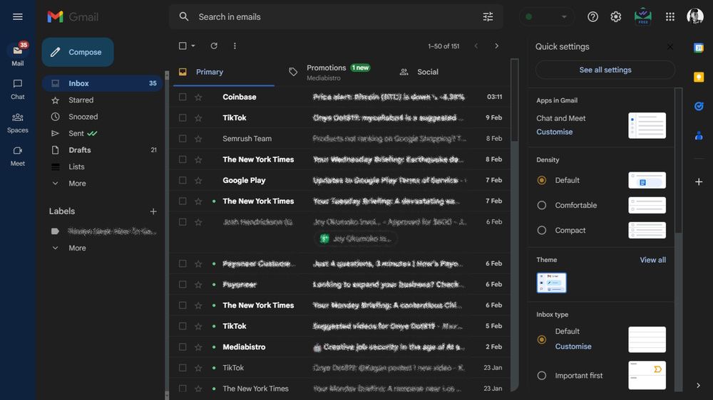Gmail показывает меню Быстрые настройки