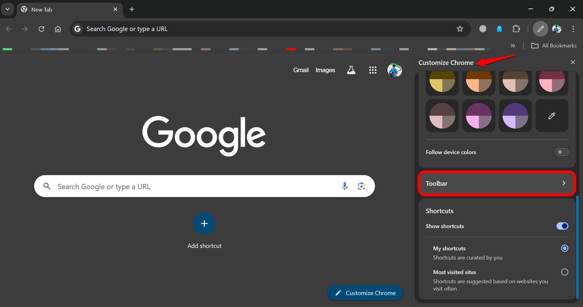 Настройка панели инструментов в Chrome
