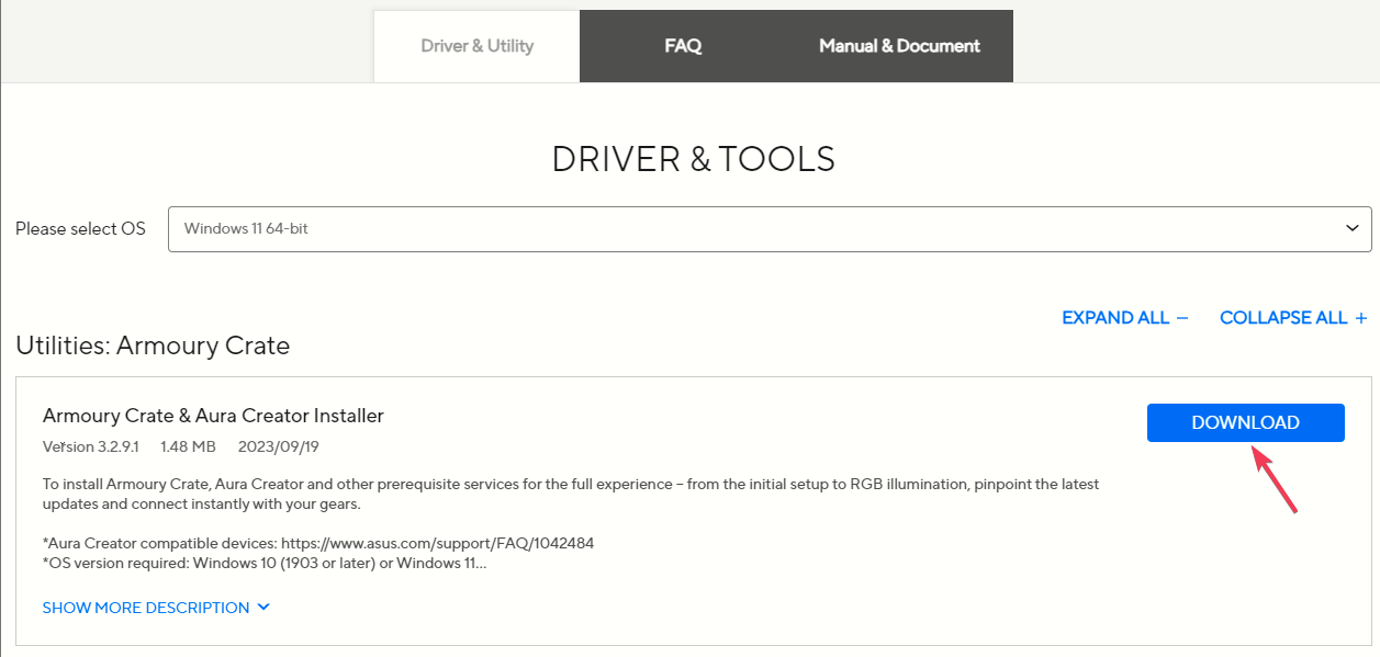 кнопка Загрузить для Armoury Crate