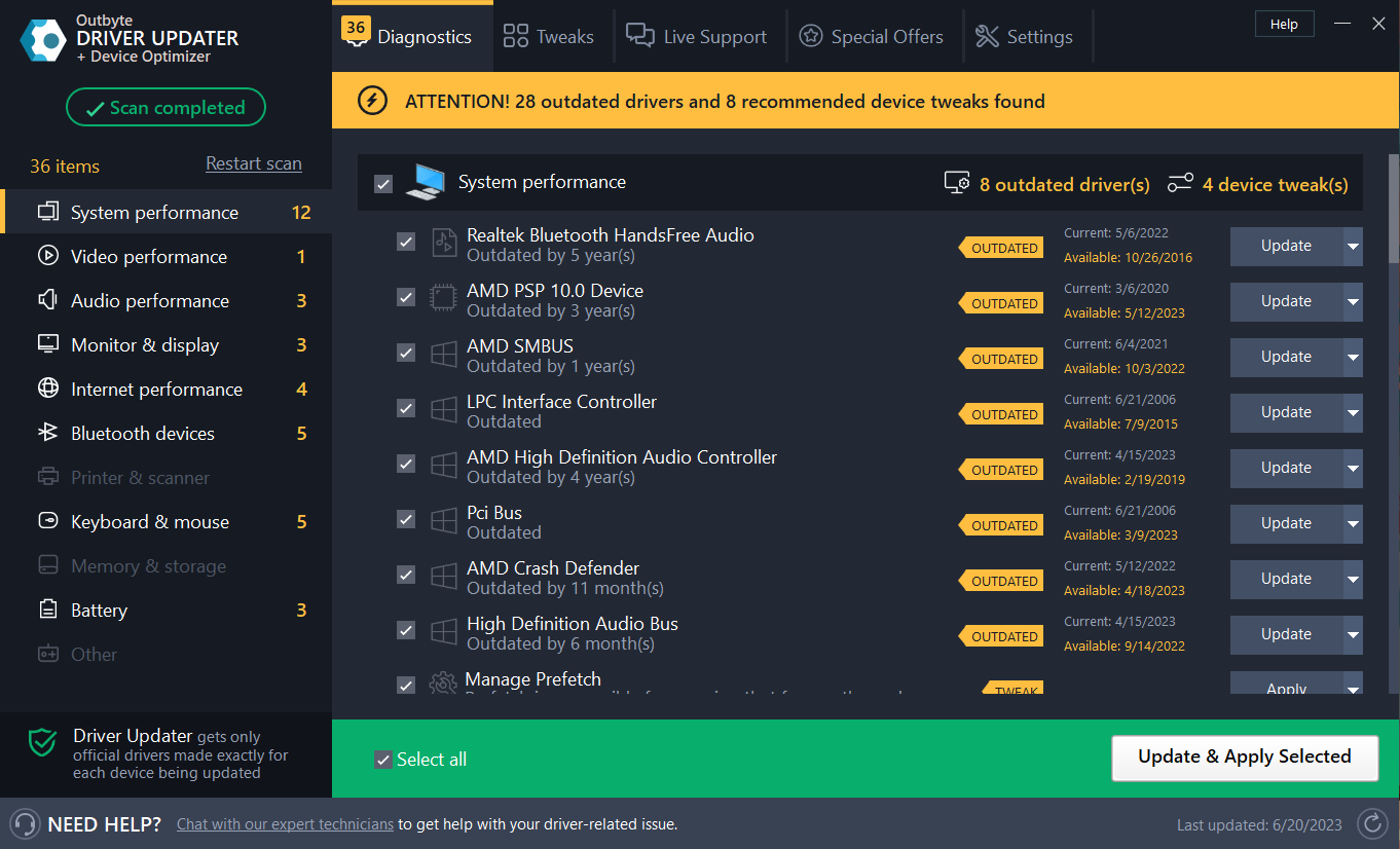 Список найденных устаревших драйверов и кнопка обновления