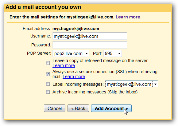 Настройки аккаунта для POP и SSL