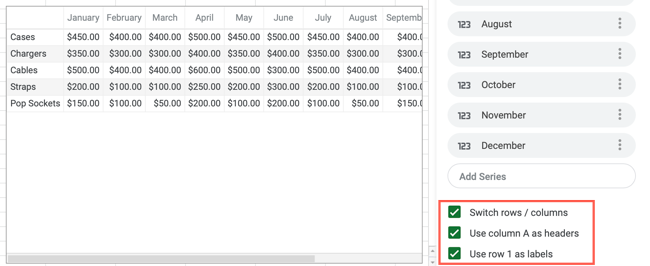Дополнительные параметры таблицы-диаграммы