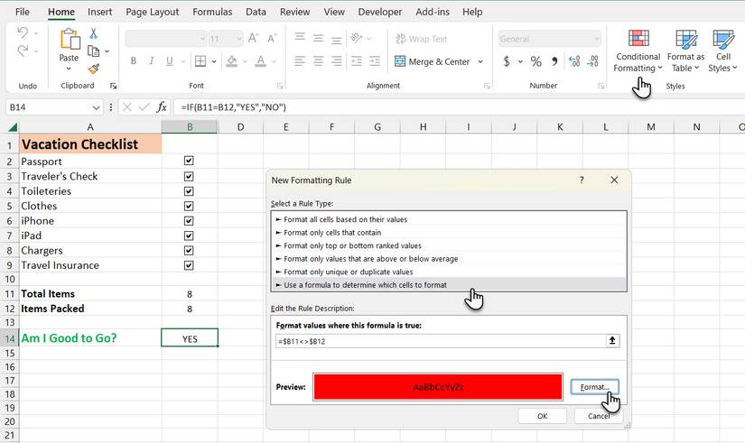 Пример условного форматирования чек‑листа: красный и зелёный цвета