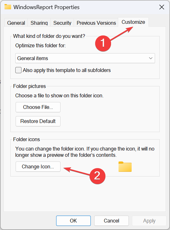 Кнопка «Сменить значок» в свойствах папки