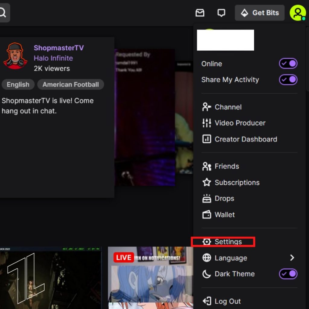 Menu paramètres du compte Twitch