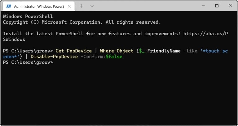 PowerShell — команда для отключения сенсорного экрана