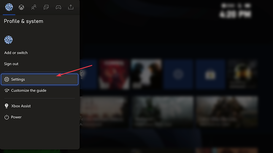 Переход в «Профиль и система» на Xbox