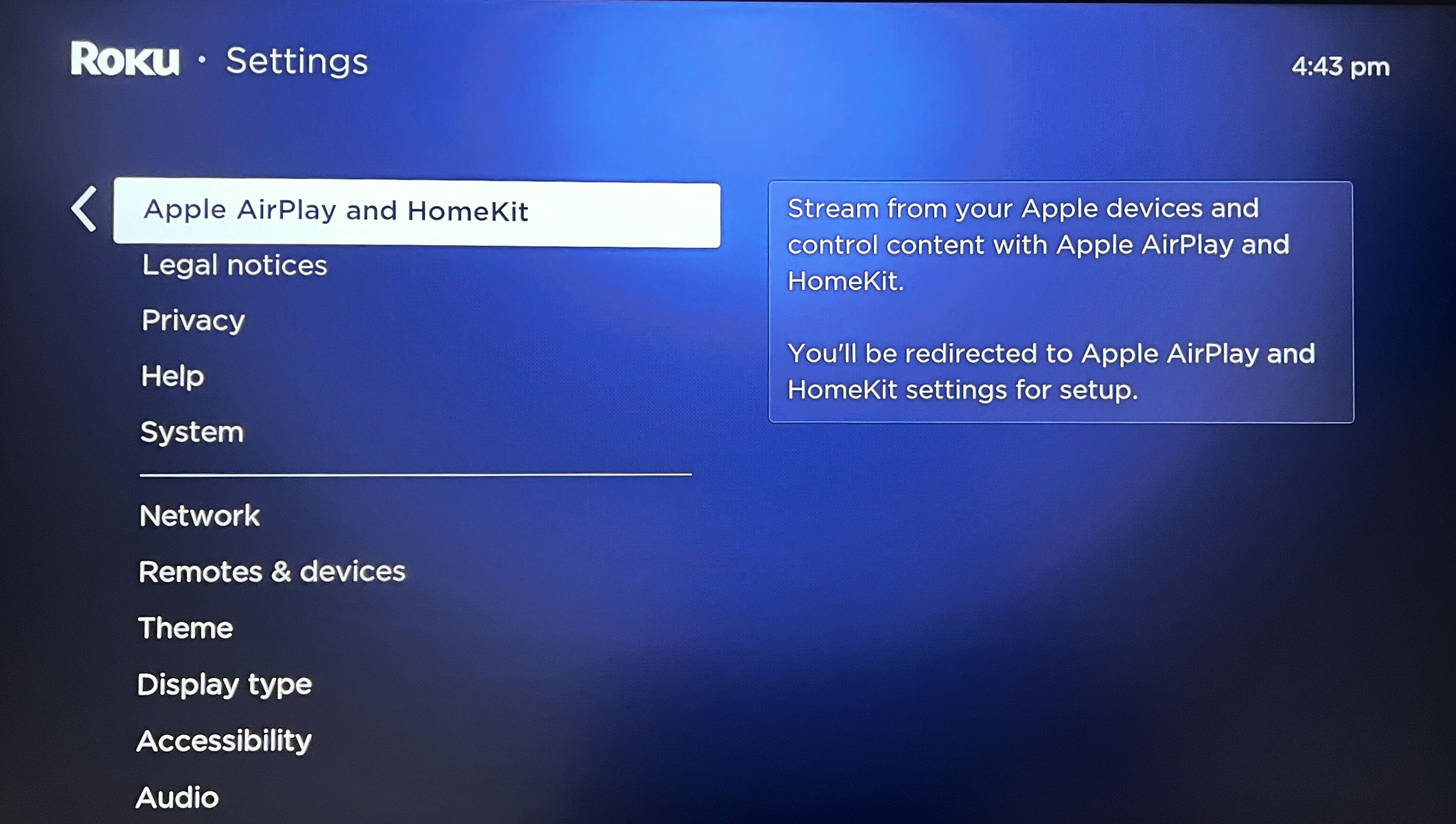 Roku Express 4K Apple AirPlay and HomeKit Settings Screen