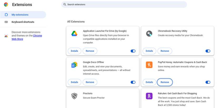 Удаление расширения из браузера Chrome.