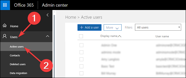 Список активных пользователей в центре администрирования Microsoft 365