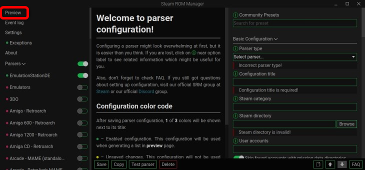 Кнопка Preview в Steam ROM Manager для подготовки списка игр