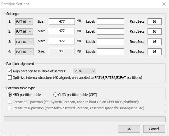 Настройки размеров и меток разделов в Bootice