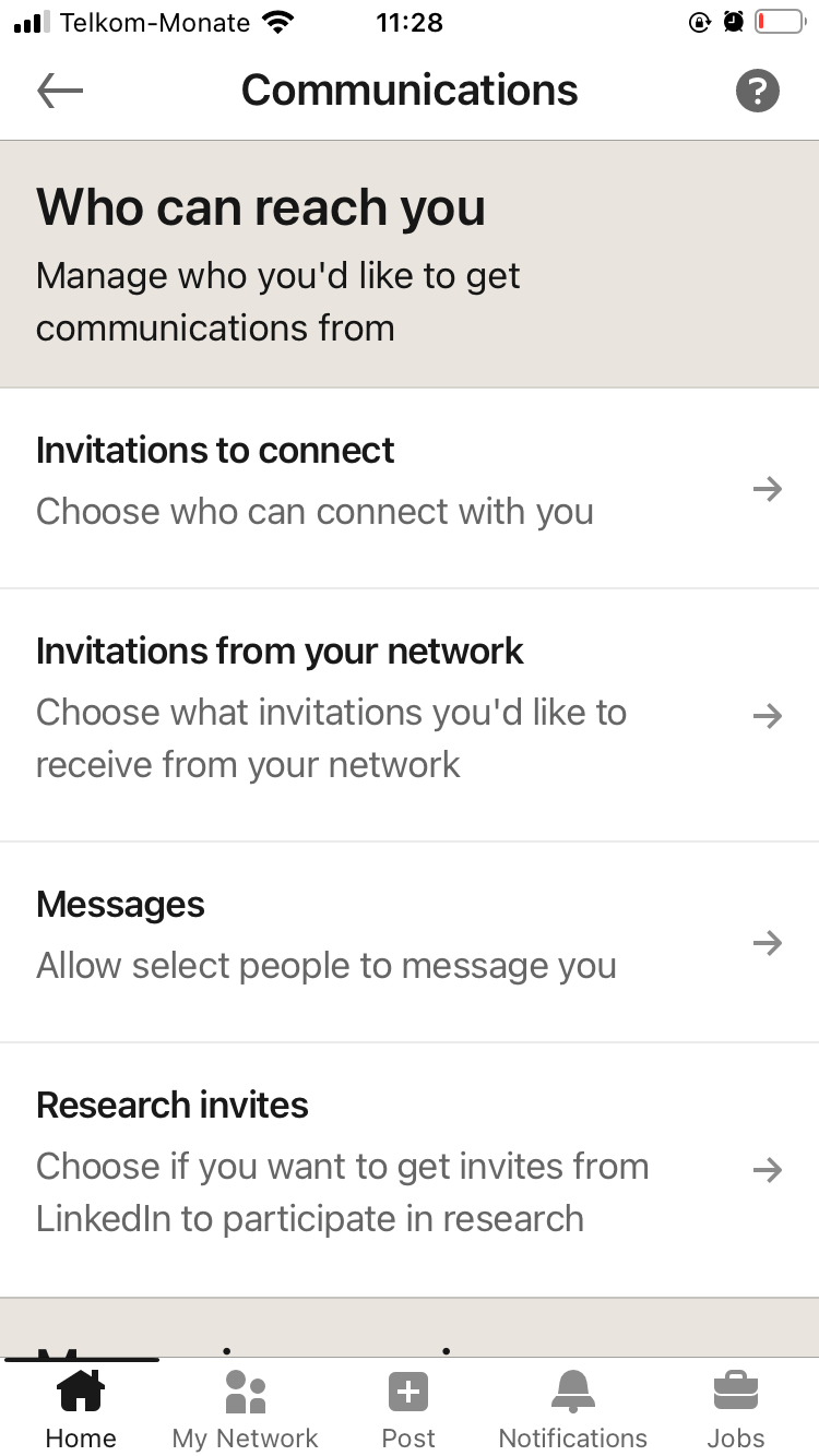 Выбор параметров приглашений в мобильном приложении LinkedIn