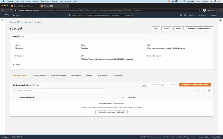 Обзор очереди SQS, кнопка отправки и получения сообщений