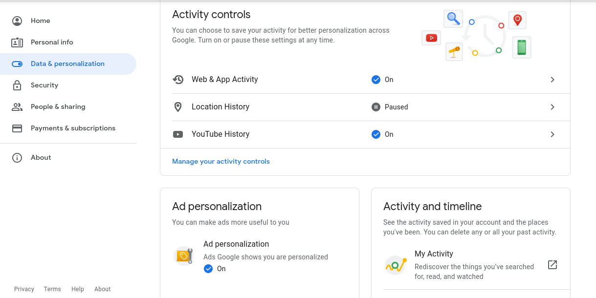Настройки конфиденциальности Google на экране