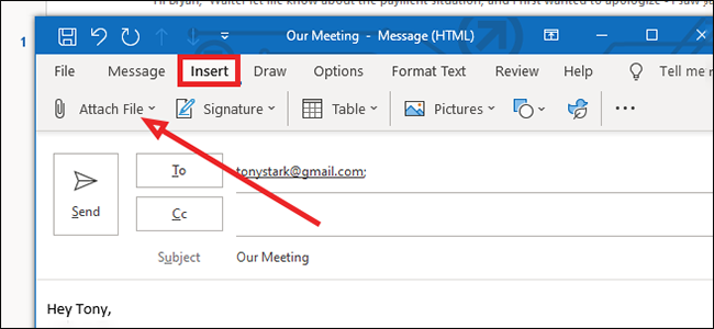 Кнопка прикрепить файл в Outlook