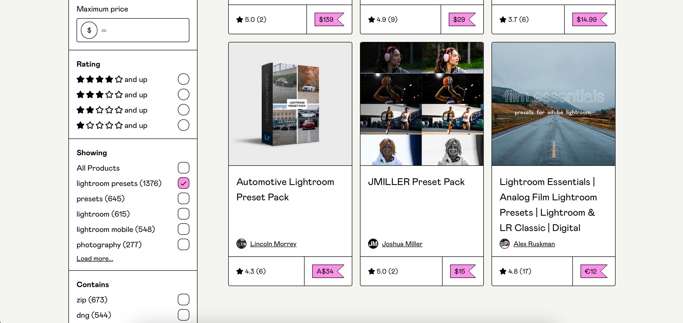 Список пресетов Lightroom на странице Gumroad