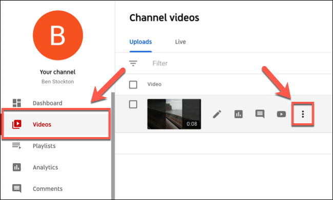 Нажмите меню с тремя точками рядом с видео в YouTube Studio