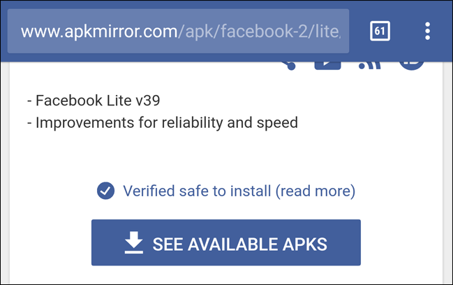 Страница с файлами Facebook Lite на APK Mirror