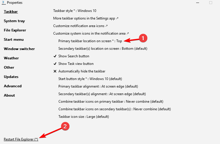 Параметр расположения панели задач — выбор «Вверху» и кнопка перезапуска Проводника